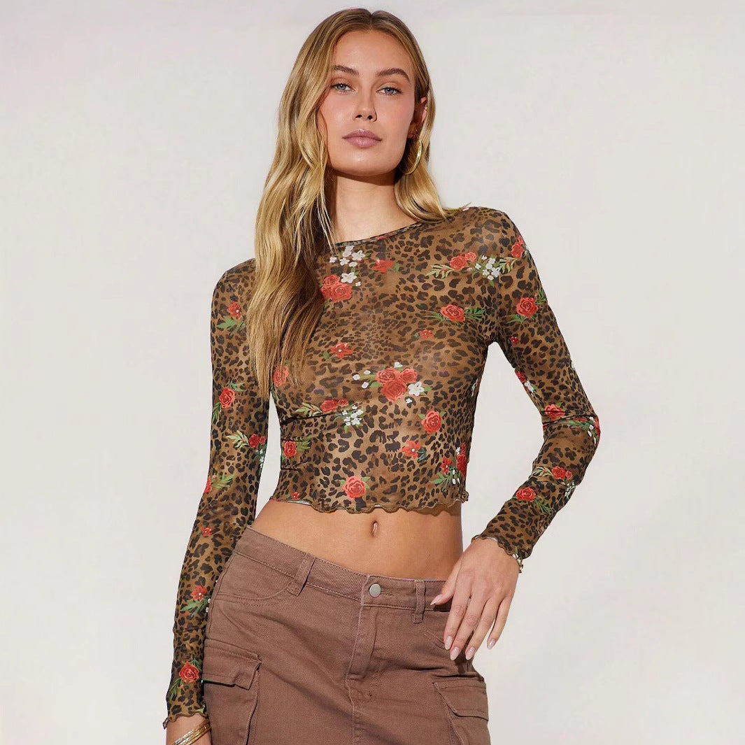Damen nan feines Mesh-Crop-Top mit Leoparden- und Rosenprint R&B