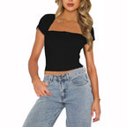 Damen modisches cropped T-Shirt mit quadratischem Ausschnitt und zarten Spitzenakzenten R&B