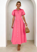 Damen Knielanges Hemdkleid mit Puffärmeln und Knopfverschluss R&B