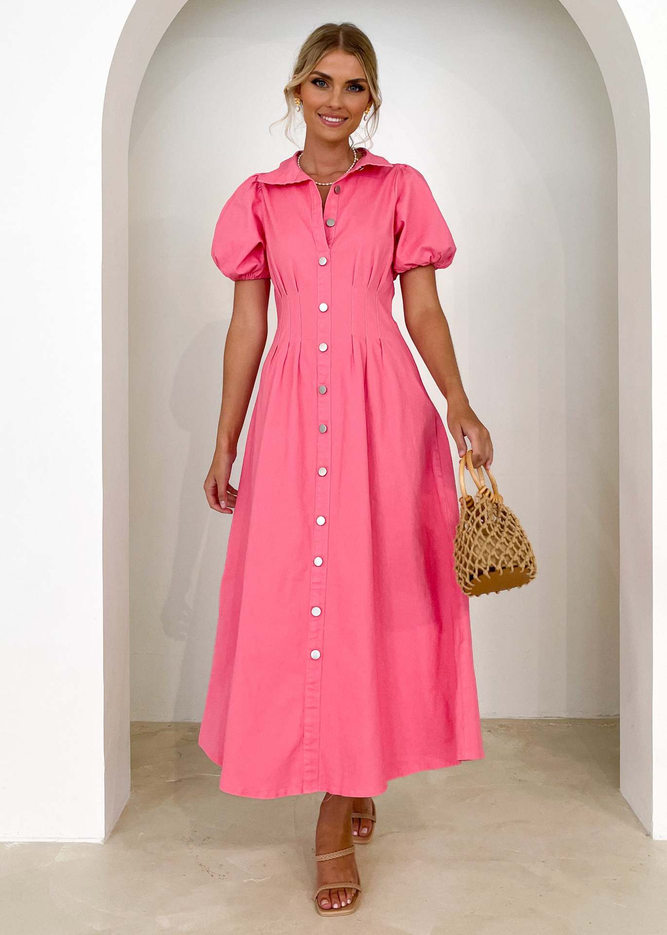 Damen Knielanges Hemdkleid mit Puffärmeln und Knopfverschluss R&B