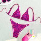 Damen Triangel-Bikini-Set mit schimmerndem Blütenmuster und verstellbaren Trägern R&B