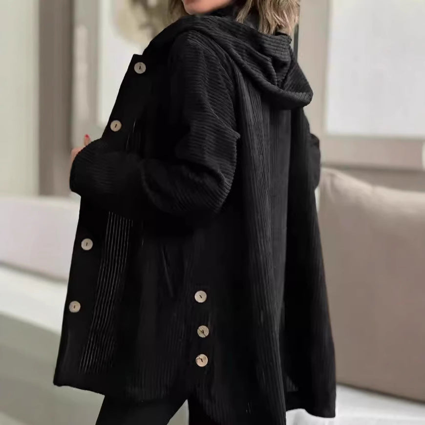 Damen Kapuzenjacke aus Rippstoff mit Holzknöpfen und Freizeit-Schnitt R&B