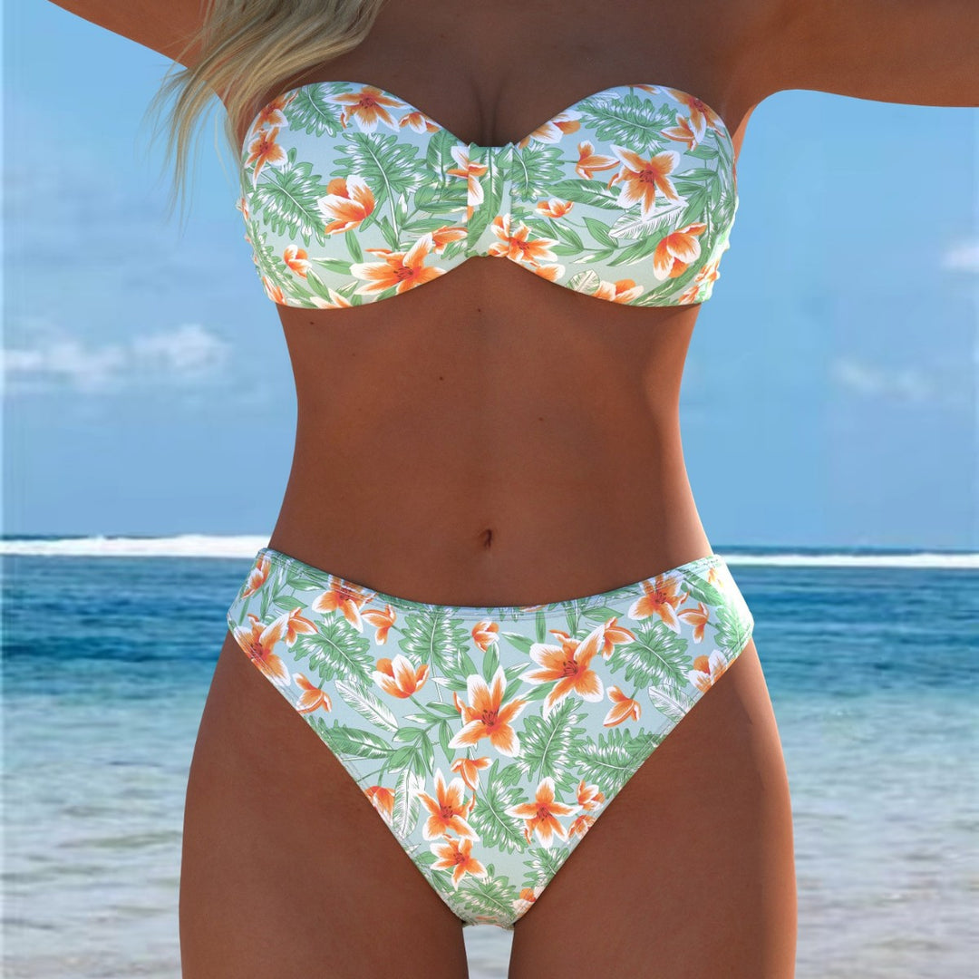 Damen Bandeau-Bikini mit einzigartigem Federmuster und hohem Taillenschnitt R&B