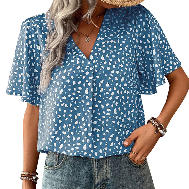 Damen V-Ausschnitt T-Shirt mit Leopardenmuster und fließendem Schnitt R&B