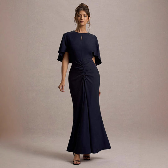 Damen Maxikleid mit eleganten Volantärmeln und taillierter Raffung R&B