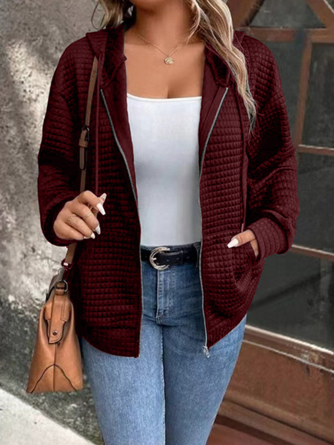 Damen Kapuzenjacke mit strukturiertem Waffelmuster und praktischem Reißverschluss R&B