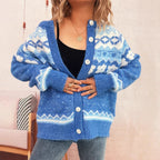 Damen gemütliche Strickjacke mit blauen Mustern und Knopfverschluss R&B