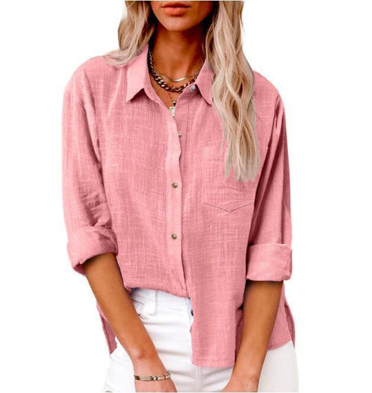 Damen lässige Leinenbluse mit kurzem Arm und Knopfdetails R&B