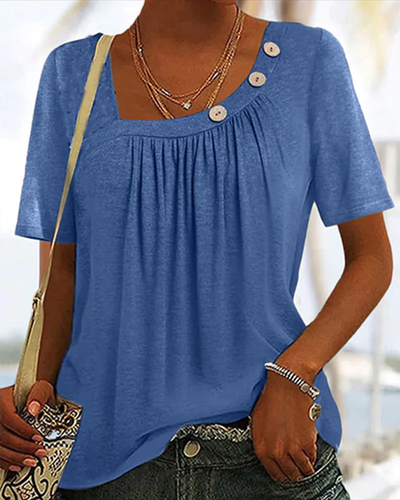 Damen nan locker sitzendes Kurzarmshirt mit quadratischem Ausschnitt, geraffter Brustpartie und Zierknopf-Detail R&B