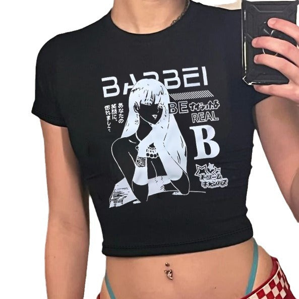 Damen Crop-T-Shirt mit kreativem Skelettdesign und inspirierendem Schriftzug R&B