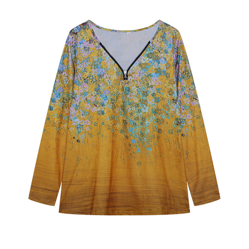 Damen Langarmshirt mit farbenfrohem Blütenmuster und modernem Zipper R&B