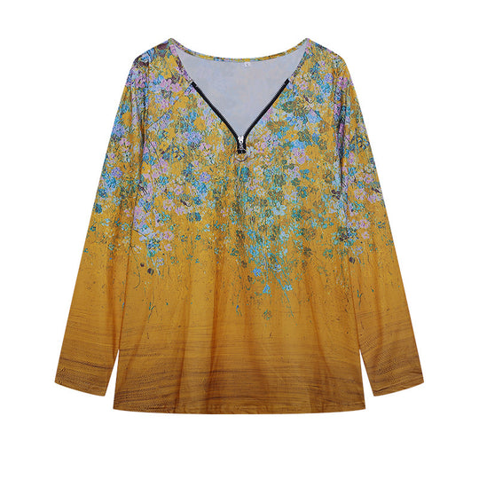 Damen Langarmshirt mit farbenfrohem Blütenmuster und modernem Zipper R&B