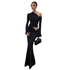 Damen Elegantes Maxikleid mit asymmetrischem Ausschnitt und langen Flügelärmeln R&B