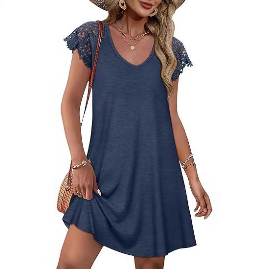 Damen Sommerkleid mit eleganten Spitzenärmeln und floralem Muster R&B