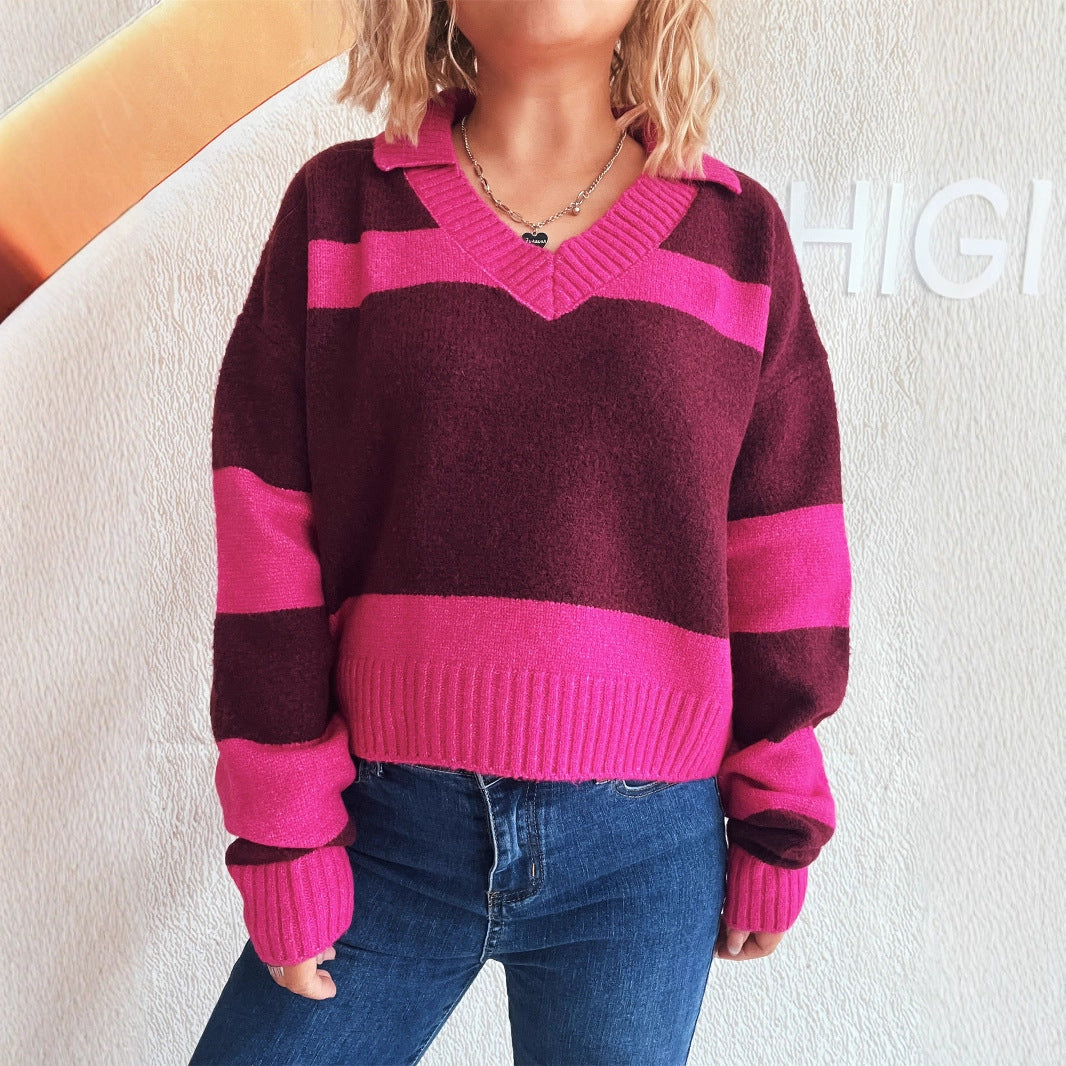 Damen Strickpullover mit modischen Streifen und V-Ausschnitt R&B