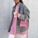 Damen Oversized Wolljacke mit hidden Knopfverschluss und praktischen Taschen R&B