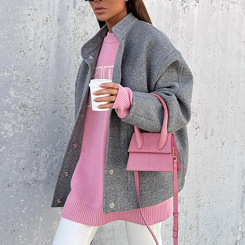 Damen Oversized Wolljacke mit hidden Knopfverschluss und praktischen Taschen R&B