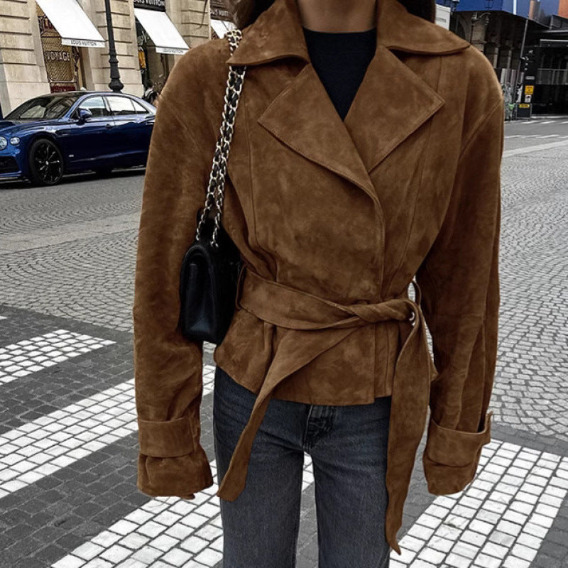 Damen Modische Wildlederjacke mit Gürtel und tailliertem Schnitt R&B