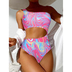 Damen One-Shoulder Bikini-Set mit buntem Muster und hohem Beinausschnitt R&B