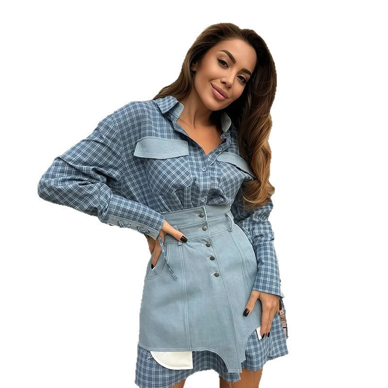 Damen Karo Hemdbluse mit Jeansrock und artisanalem Schnitt R&B