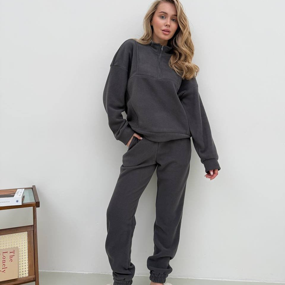 Damen gemütliches Fleece-Hoodie-Set mit hohem Kragen und praktischen Taschen R&B