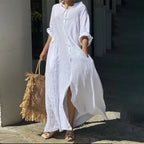 R&B | Einreiher Baumwoll-Leinen Plus Size Langkleid