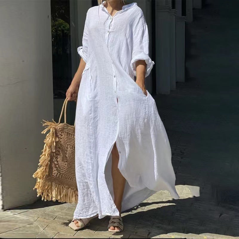 R&B | Einreiher Baumwoll-Leinen Plus Size Langkleid