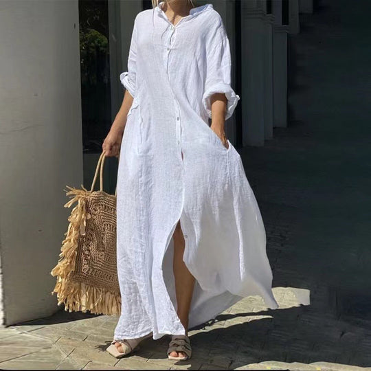 R&B | Einreiher Baumwoll-Leinen Plus Size Langkleid