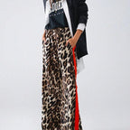 Damen weite Leinenhose mit modischem Leopardenmuster und kontrastierendem Streifen R&B