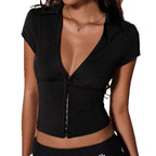 Damen Elegantes Bodysuit mit tiefem V-Ausschnitt und dekorativer Knopfleiste R&B