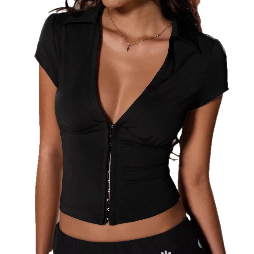 Damen Elegantes Bodysuit mit tiefem V-Ausschnitt und dekorativer Knopfleiste R&B