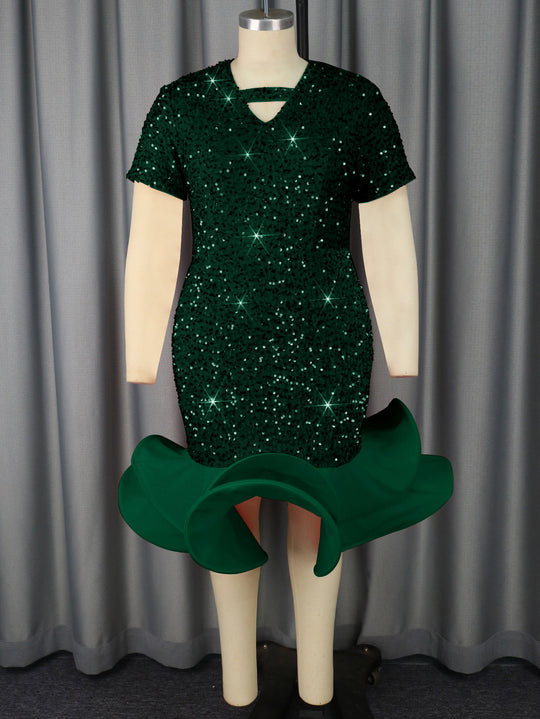 Damen glamouröses Abendkleid mit schimmernden Pailletten und voluminösem Saum R&B
