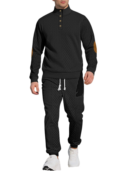 Herren nan strukturiertes Strick-Freizeitset mit Halbknopf-Stehkragen Wildleder-Ellbogenpatches und Kordelbund-Jogger R&B