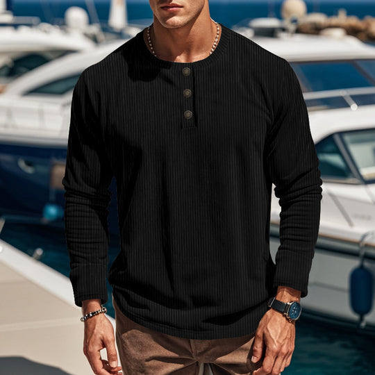 Herren nan gerippter Langarm-Henleypullover mit kurzem Stehkragen und dekorativer Knopfleiste R&B