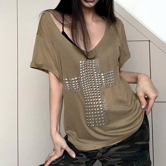 Damen T-Shirt mit modischem V-Ausschnitt und funkelndem Strasskreuz R&B