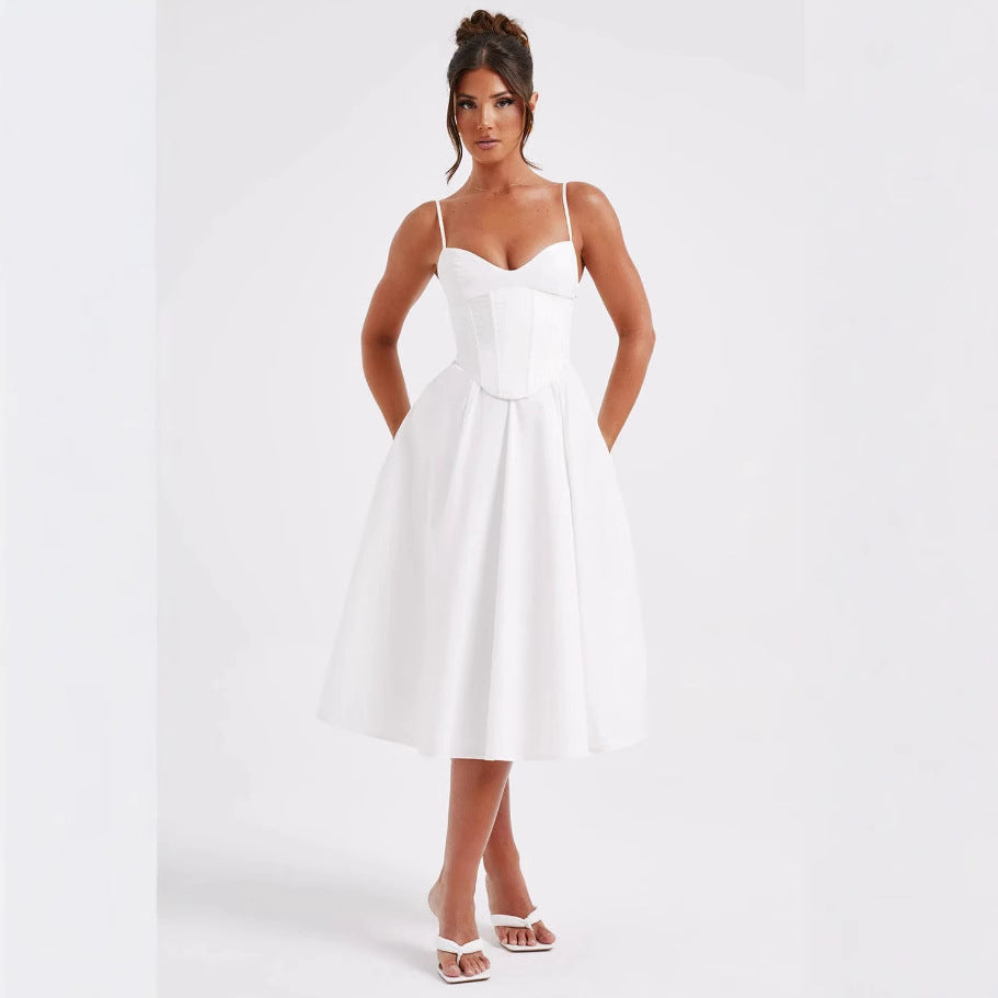 Damen Midikleid mit figurbetontem Oberteil und schwingendem Rock