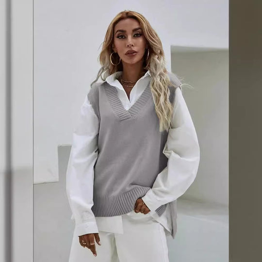 Damen Strickweste mit V-Ausschnitt und eleganter Rippenstruktur R&B