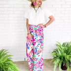 Damen Weit geschnittene Freizeithose mit buntem Blumenmuster und elastischem Bund R&B