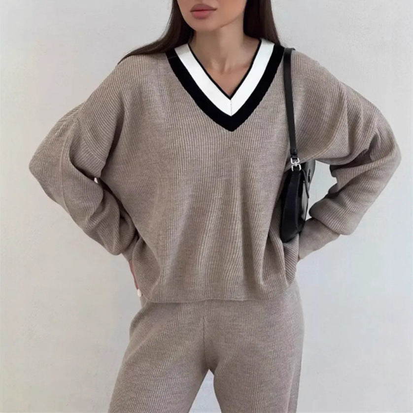 Damen gemütlicher V-Ausschnitt Pullover mit gestreiftem Kragen