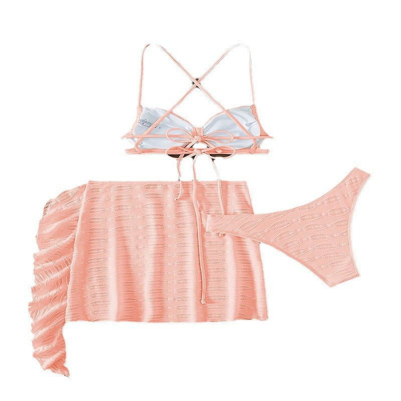Damen Bikini-Set mit trägerlosem Oberteil, hohem Beinausschnitt und fließendem Rock R&B
