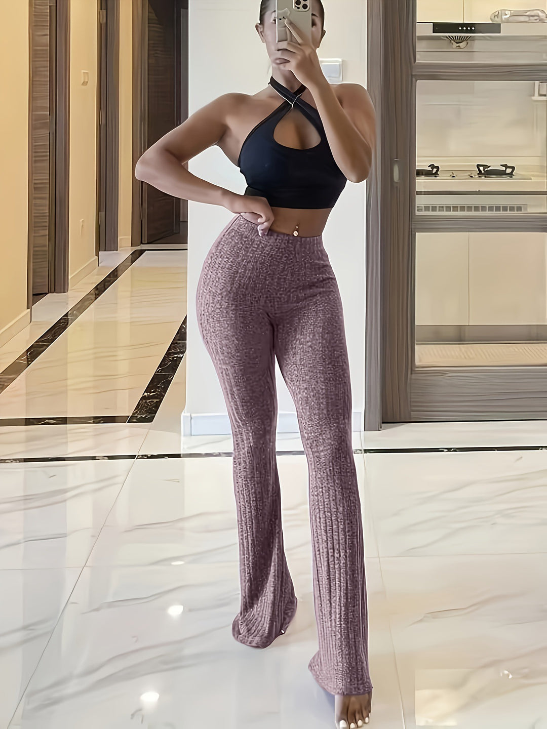 Damen Flared Leggings mit hochelastischem Bund und strukturierter Oberfläche R&B