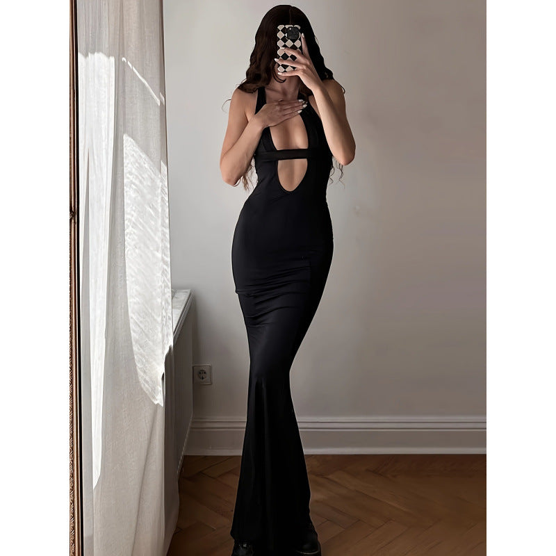 Damen figurbetontes Maxikleid mit tiefem V-Ausschnitt und elegantem Schlitz R&B