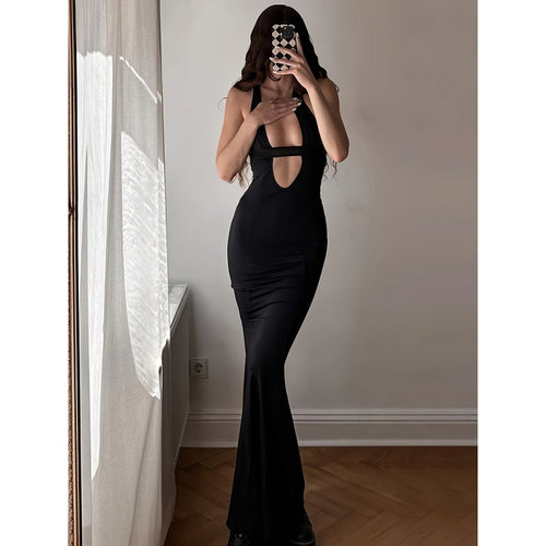 Damen figurbetontes Maxikleid mit tiefem V-Ausschnitt und elegantem Schlitz R&B