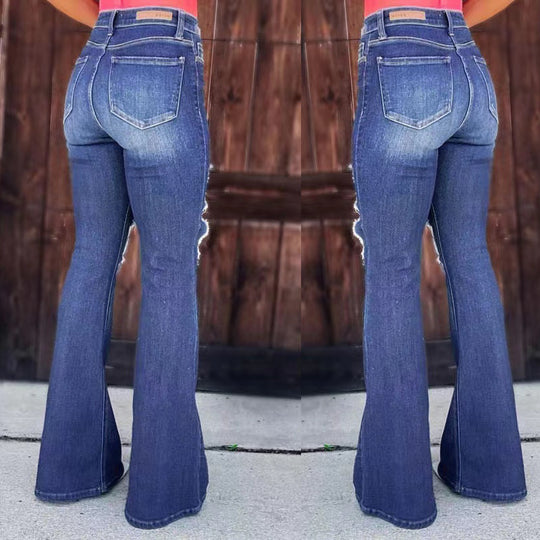Damen Flared Jeans mit modischen Destroyed-Effekten und hohem Bund R&B