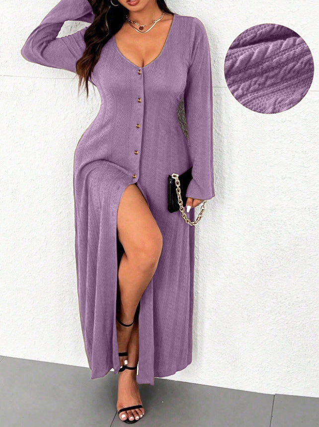 Damen Maxikleid mit innovativem Knopfdesign und tiefem Schlitz R&B