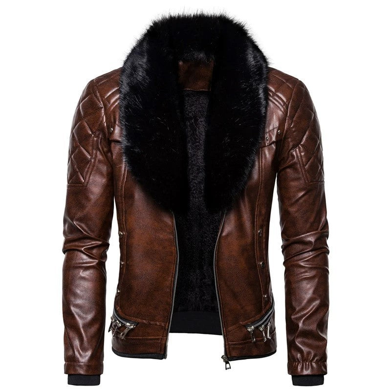 Herren Bikerjacke mit Kunstfellkragen und gesteppten Details