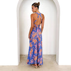 Damen Maxikleid mit elegantem Halterneck und buntem floralen Design R&B