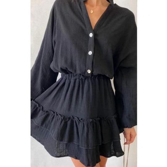 Damen Mini-Hemdblusenkleid mit aufregendem Rüschensaum und elastischem Taillenzug Heidi-Mode