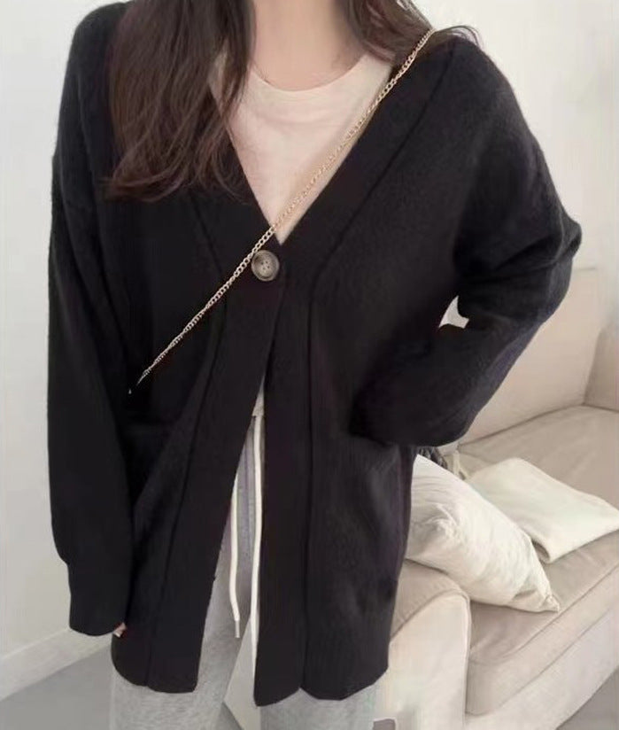 Damen Gemütlicher Strickcardigan mit großen Taschen und asymmetrischem Schnitt R&B