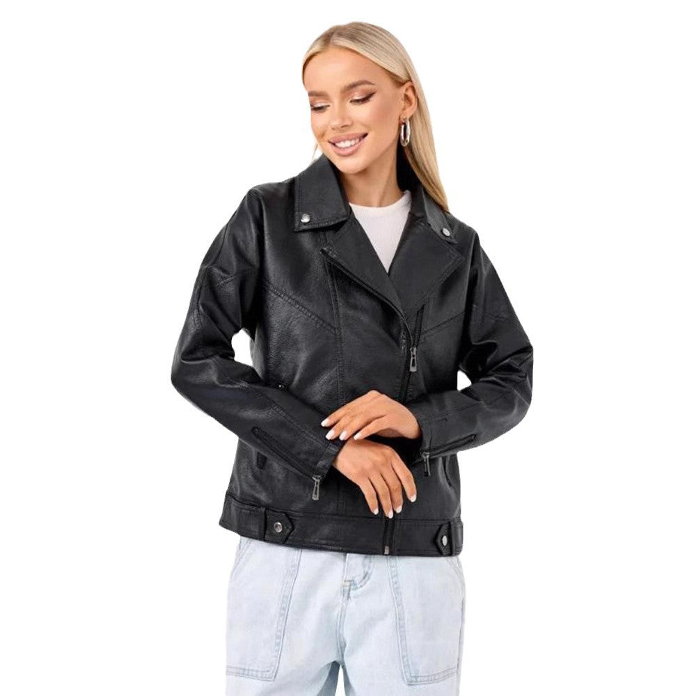 Damen hochwertige Kunstlederjacke im Biker-Stil mit asymmetrischem Reißverschluss R&B